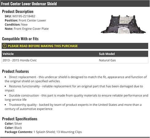 Front Center Lower Undercar Engine Splash Shield - Compatible with 2013-2015 Honda Civic Natural Gas in Saudi Arabia
