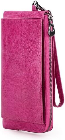 Retro Mens Genuine Leather Long Bifold Wallet Large Capacity Multi Card Slots Zipper Pocket Travel Use (Black) in Kuwait