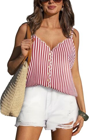 Women’s Scallop Trim Tops Adjustable Spaghetti Strap V Neck Tank Top Sleeveless in Saudi Arabia