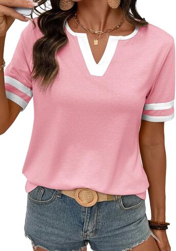 SHEWIN Women's Summer Tops V Neck Short Sleeve T-Shirts Colorblock Casual Tees 2026 Clothes in Saudi Arabia