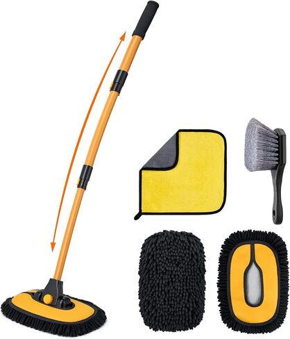 AstroAI 15°Curved Car Wash Brush with 43" Long Handle and 90° Rotating Replaceable Brush Head, Car Wash Kit with Microfiber Towel and Tire Brush for Car, SUV, RV, Floor Cleaning, Yellow in Saudi Arabia