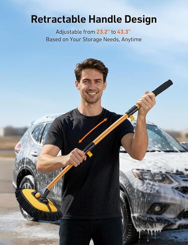 AstroAI 15°Curved Car Wash Brush with 43" Long Handle and 90° Rotating Replaceable Brush Head, Car Wash Kit with Microfiber Towel and Tire Brush for Car, SUV, RV, Floor Cleaning, Yellow in Saudi Arabia