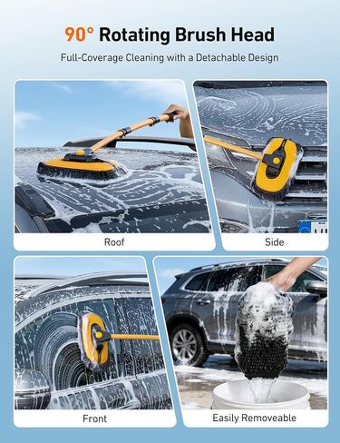 AstroAI 15°Curved Car Wash Brush with 43" Long Handle and 90° Rotating Replaceable Brush Head, Car Wash Kit with Microfiber Towel and Tire Brush for Car, SUV, RV, Floor Cleaning, Yellow in Saudi Arabia