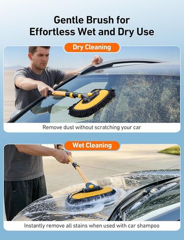 AstroAI 15°Curved Car Wash Brush with 43" Long Handle and 90° Rotating Replaceable Brush Head, Car Wash Kit with Microfiber Towel and Tire Brush for Car, SUV, RV, Floor Cleaning, Yellow in Saudi Arabia