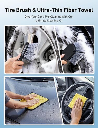 AstroAI 15°Curved Car Wash Brush with 43" Long Handle and 90° Rotating Replaceable Brush Head, Car Wash Kit with Microfiber Towel and Tire Brush for Car, SUV, RV, Floor Cleaning, Yellow in Saudi Arabia