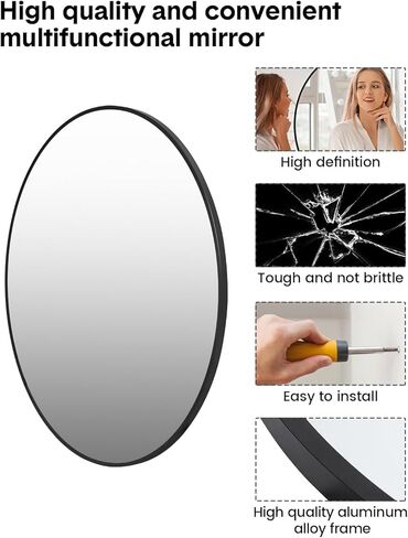30 Inch Black Circle Wall Mirror, Modern Round Metal Framed Mirror for Bathroom, Entryway, Living Room, Bedroom, Dining Room, Hallway, Decorative Home Décor, Easy Mount in Saudi Arabia
