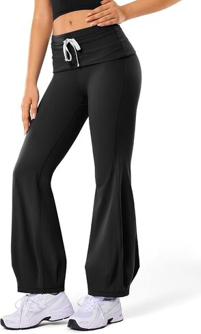 Women's Fold-Over Flare Yoga Pants - High Waist Drawstring Tummy Control Leggings for Pilates, Gym, Lounge & Daily Wear in Saudi Arabia