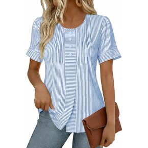 Womens Striped T Shirts Pleated Dressy Casual Summer Tops Short Sleeve Scooped Neck Button Blouse Tees in Kuwait