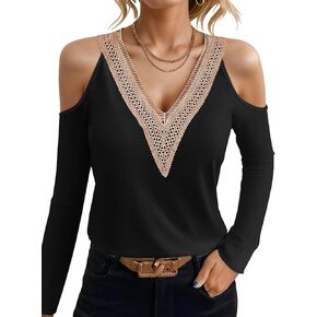 سترة علوية نسائية بأكتاف باردة، بلوزة مزخرفة بالدانتيل ورقبة على شكل حرف V، قمصان مجوفة مثيرة وأكمام طويلة، عصرية وغير رسمية in Kuwait