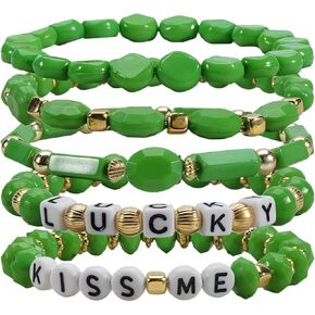 St. Patrick's Day Bracelet for Women - Green & Gold Stackable Stretch Bracelet with Lucky Clover Charm, Boho Irish Jewelry Gift in Kuwait