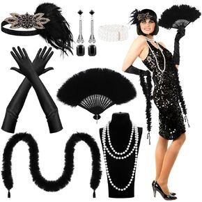 1920s Flapper Costume Accessories for Women 20s Jewelry Set with Feather Headdress Fringe Shawl Fan Gloves Pearl Necklace Earring for Roaring 20s Theme Party 2026 New Year Mardi Gras in Saudi Arabia