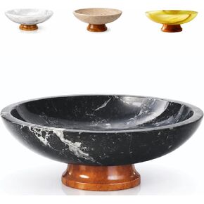 11" large decorative bowl, marble bowl with wood pedestal, decorative bowls for home decor, large fruit bowl for kitchen counter, dining table centerpiece decor, key bowl for entryway table - Black in Saudi Arabia