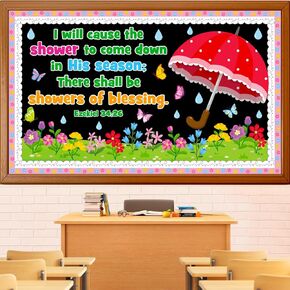 Spring Religious Bulletin Board Decoration Set, April Shower Classroom Decorations Christian Flower Butterfly Umbrella Rain Cutouts March April Library Church School Nursery Door Decor for Teacher in Kuwait