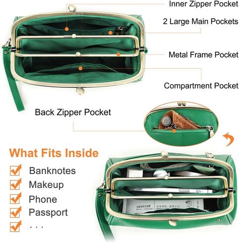 CONTACTS Full Grain Leather Kiss Lock Clutch Purse for Women Evening Clutch Bag Kiss Clasp Handbag in Saudi Arabia