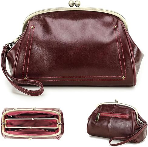 CONTACTS Full Grain Leather Kiss Lock Clutch Purse for Women Evening Clutch Bag Kiss Clasp Handbag in Saudi Arabia