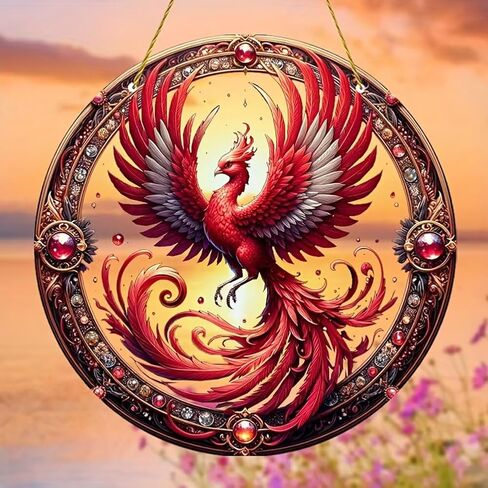 Colorful Acrylic Suncatcher, Fire Phoenix 7-inch Hanging Window Decor with Printed Stained Glass Style Design Sun Catcher, Gift Idea & Garden Ornament Indoor Outdoor Use in Saudi Arabia