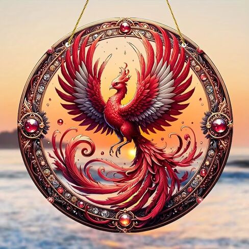 Colorful Acrylic Suncatcher, Fire Phoenix 7-inch Hanging Window Decor with Printed Stained Glass Style Design Sun Catcher, Gift Idea & Garden Ornament Indoor Outdoor Use in Saudi Arabia