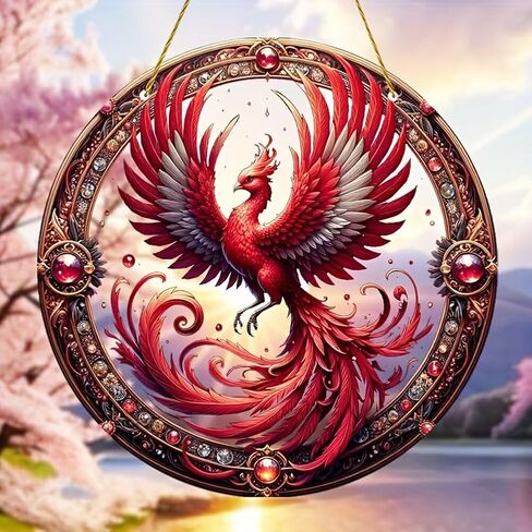 Colorful Acrylic Suncatcher, Fire Phoenix 7-inch Hanging Window Decor with Printed Stained Glass Style Design Sun Catcher, Gift Idea & Garden Ornament Indoor Outdoor Use in Saudi Arabia