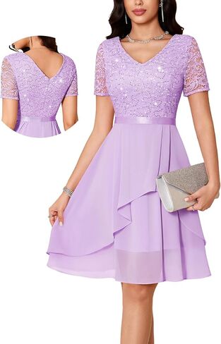 فستان ضيوف حفل الزفاف للنساء من MUADRESS لحفلات الكوكتيل 2026 على شكل حرف a من الدانتيل والترتر والشيفون فساتين لحضور الحفلات الموسيقية مع رقبة على شكل v وأكمام قصيرة in Kuwait