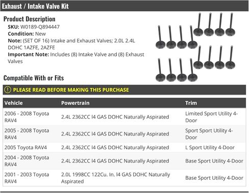Exhaust and Intake Valve Kit - 16 Piece - Compatible with 2001-2008 Toyota RAV4 2.0L 2.4L DOHC 1AZFE 2AZFE in Saudi Arabia