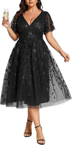 Ever-Pretty Women's Sequin Plus Size Cocktail Party Dress A-Line Midi Tulle Wedding Guest Dresses for Curvy Women in Kuwait