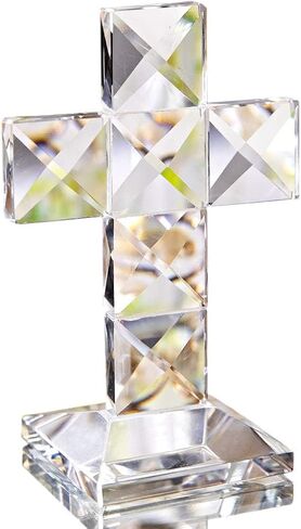 QFkris Crystal Cross Traditional Standing Cross On Base Clear 5'' Tall Glass Tabletop Cross Figurine Christian Decor in Kuwait