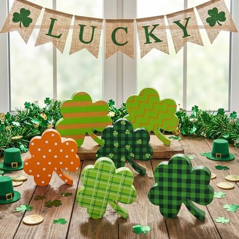St Patricks Day Decorations, 6 Pcs Wooden Shamrock Decor, St. Patrick's Day Tiered Tray Decor, Irish Green Wooden Table Sign for Desk Shelf Mantel Centerpiece, Indoor Home Decor in Saudi Arabia