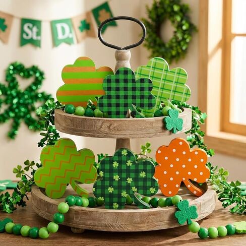St Patricks Day Decorations, 6 Pcs Wooden Shamrock Decor, St. Patrick's Day Tiered Tray Decor, Irish Green Wooden Table Sign for Desk Shelf Mantel Centerpiece, Indoor Home Decor in Saudi Arabia