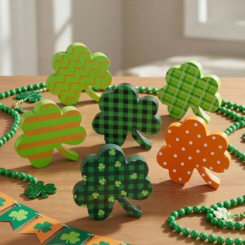 St Patricks Day Decorations, 6 Pcs Wooden Shamrock Decor, St. Patrick's Day Tiered Tray Decor, Irish Green Wooden Table Sign for Desk Shelf Mantel Centerpiece, Indoor Home Decor in Saudi Arabia