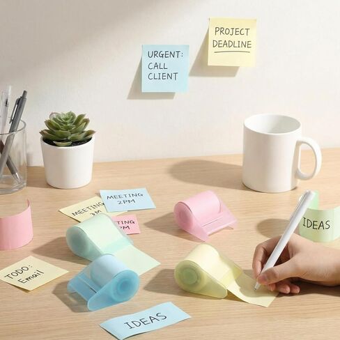 Eaasty 4 Sets Roll Sticky Notes Tapes with Dispensers, 50mm x 8m Self-Stick Notes Paper Tape with Tape Dispenser Full Adhesive Roll for Office School Home, Pink Green Yellow White in Saudi Arabia