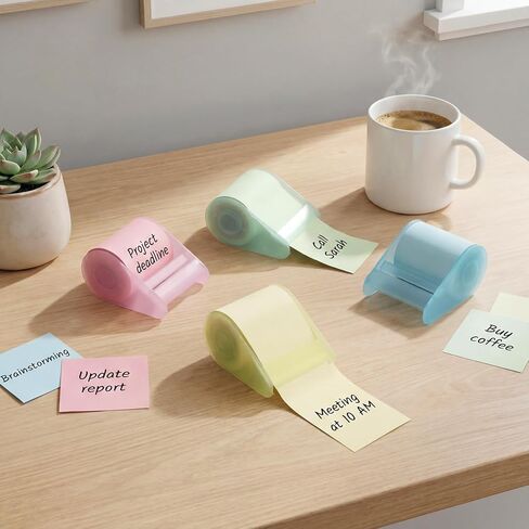 Eaasty 4 Sets Roll Sticky Notes Tapes with Dispensers, 50mm x 8m Self-Stick Notes Paper Tape with Tape Dispenser Full Adhesive Roll for Office School Home, Pink Green Yellow White in Saudi Arabia