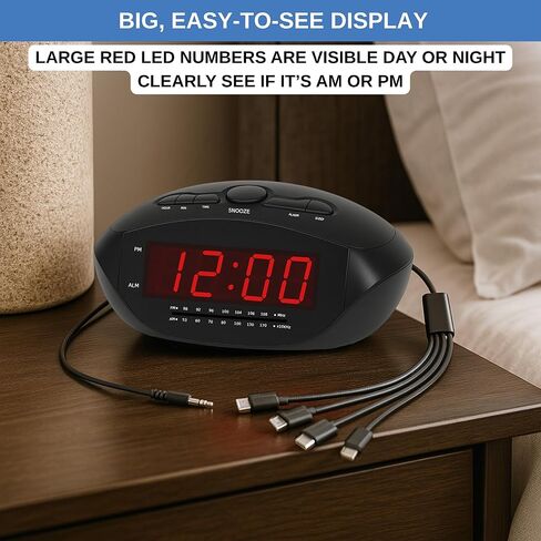 ساعة منبه رقمية مع USB-C وMicro USB وMini USB وكابلات شحن ذات 8 سنون على طراز Apple | راديو ساعة AM/FM مع شاشة LED حمراء، ومدخل AUX، ومنبه عالٍ لمن ينامون بكثرة | مكتب أو ساعة بجانب السرير in Kuwait