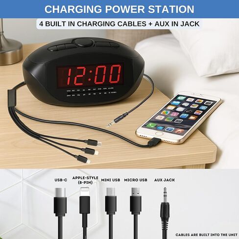 ساعة منبه رقمية مع USB-C وMicro USB وMini USB وكابلات شحن ذات 8 سنون على طراز Apple | راديو ساعة AM/FM مع شاشة LED حمراء، ومدخل AUX، ومنبه عالٍ لمن ينامون بكثرة | مكتب أو ساعة بجانب السرير in Kuwait