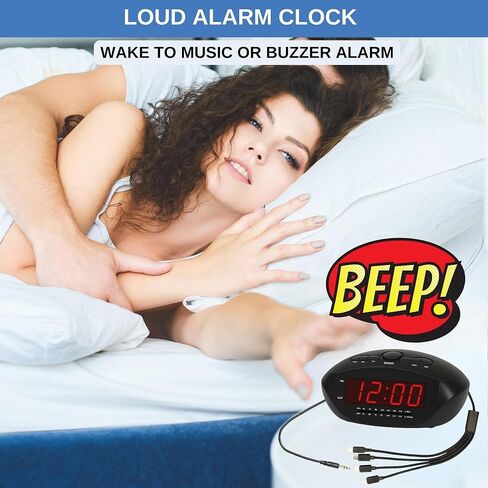 ساعة منبه رقمية مع USB-C وMicro USB وMini USB وكابلات شحن ذات 8 سنون على طراز Apple | راديو ساعة AM/FM مع شاشة LED حمراء، ومدخل AUX، ومنبه عالٍ لمن ينامون بكثرة | مكتب أو ساعة بجانب السرير in Kuwait