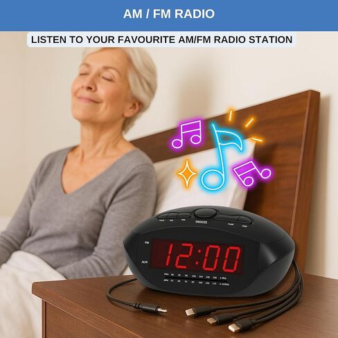 ساعة منبه رقمية مع USB-C وMicro USB وMini USB وكابلات شحن ذات 8 سنون على طراز Apple | راديو ساعة AM/FM مع شاشة LED حمراء، ومدخل AUX، ومنبه عالٍ لمن ينامون بكثرة | مكتب أو ساعة بجانب السرير in Kuwait