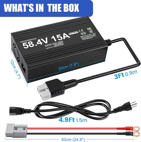 شاحن بطارية LiFePO4 48 فولت/58.4 فولت 15 أمبير لبطارية ليثيوم 48 فولت/ 51.2 فولت لعربة الجولف، والسيارات، والرافعة الشوكية، والخارجية، والقارب، والطاقة الشمسية، وRV، خارج الشبكة، وبنك الطاقة الشمسية المنزلي مع موصل أندرسون (حلقات M8) مؤشر LED in Kuwait