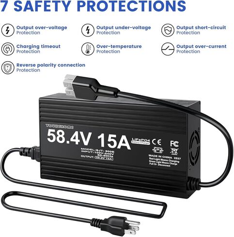 شاحن بطارية LiFePO4 48 فولت/58.4 فولت 15 أمبير لبطارية ليثيوم 48 فولت/ 51.2 فولت لعربة الجولف، والسيارات، والرافعة الشوكية، والخارجية، والقارب، والطاقة الشمسية، وRV، خارج الشبكة، وبنك الطاقة الشمسية المنزلي مع موصل أندرسون (حلقات M8) مؤشر LED in Kuwait