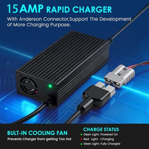 شاحن بطارية LiFePO4 48 فولت/58.4 فولت 15 أمبير لبطارية ليثيوم 48 فولت/ 51.2 فولت لعربة الجولف، والسيارات، والرافعة الشوكية، والخارجية، والقارب، والطاقة الشمسية، وRV، خارج الشبكة، وبنك الطاقة الشمسية المنزلي مع موصل أندرسون (حلقات M8) مؤشر LED in Kuwait