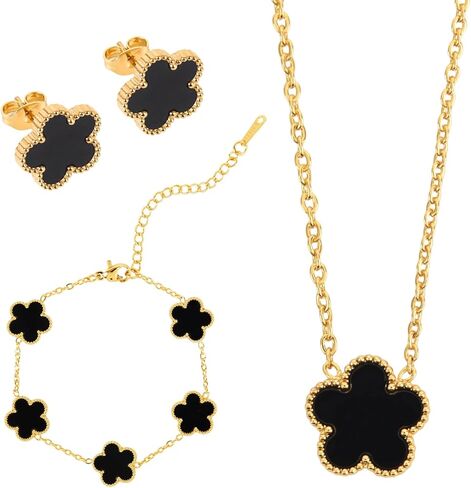Hypoallergenic Women's Four Leaf Clover Jewelry Set 14K Gold-Plated Stainless Steel Clover Necklace Bracelet Earrings Fashionable And Exquisite Daily for Women Accessory Gift in Saudi Arabia