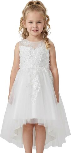LalaMira Girls High Low Flower Girl Dress 3D Floral Lace Tulle Bridesmaid Wedding Pageant Party in Kuwait