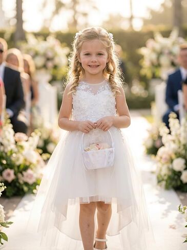LalaMira Girls High Low Flower Girl Dress 3D Floral Lace Tulle Bridesmaid Wedding Pageant Party in Saudi Arabia