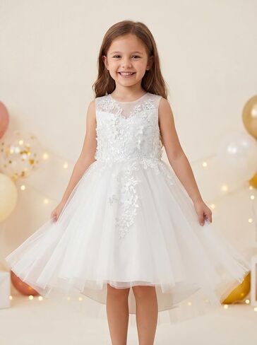 LalaMira Girls High Low Flower Girl Dress 3D Floral Lace Tulle Bridesmaid Wedding Pageant Party in Saudi Arabia