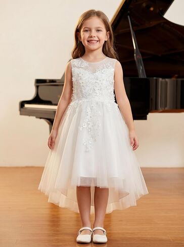 LalaMira Girls High Low Flower Girl Dress 3D Floral Lace Tulle Bridesmaid Wedding Pageant Party in Saudi Arabia