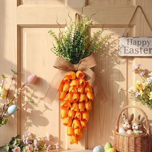 2 Pack Easter Tulip Carrot Wreath Decoration, 24 Inch Spring Artificial Orange Carrot Wreath Decor with Green Branches Spring Flower and Easter Egg for Home Door Wall Mantel Window Decor in Saudi Arabia
