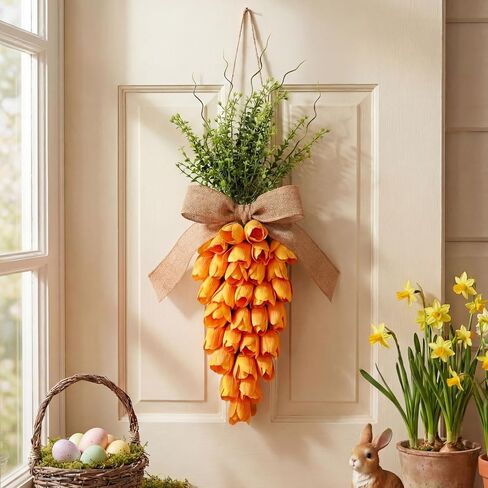 2 Pack Easter Tulip Carrot Wreath Decoration, 24 Inch Spring Artificial Orange Carrot Wreath Decor with Green Branches Spring Flower and Easter Egg for Home Door Wall Mantel Window Decor in Saudi Arabia