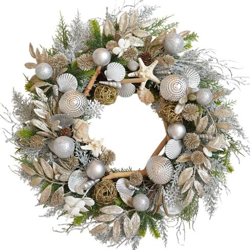 22 Inch Champagne Gold & Silver Seashell Wreath for Front Door, Coastal Summer Wreath with Natural Starfish, Abalone and Sand Dollars, Under The Sea Theme for Indoor Outdoor Decor in Saudi Arabia