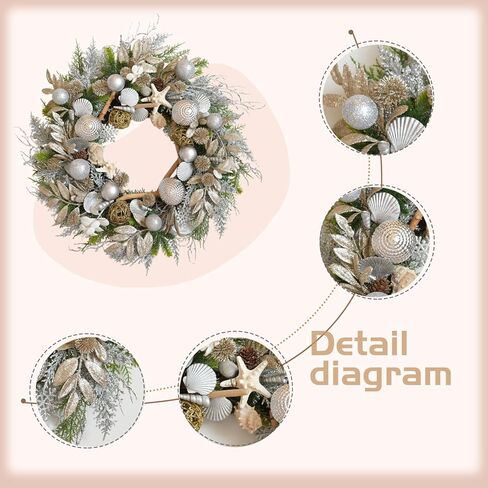 22 Inch Champagne Gold & Silver Seashell Wreath for Front Door, Coastal Summer Wreath with Natural Starfish, Abalone and Sand Dollars, Under The Sea Theme for Indoor Outdoor Decor in Saudi Arabia