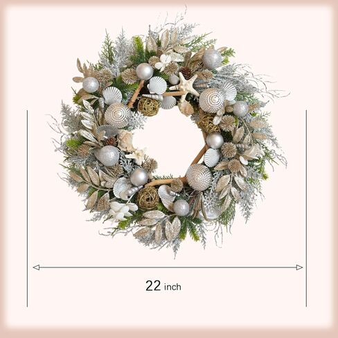 22 Inch Champagne Gold & Silver Seashell Wreath for Front Door, Coastal Summer Wreath with Natural Starfish, Abalone and Sand Dollars, Under The Sea Theme for Indoor Outdoor Decor in Saudi Arabia