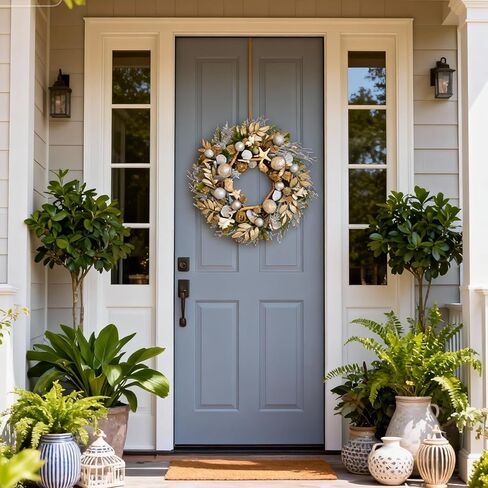 22 Inch Champagne Gold & Silver Seashell Wreath for Front Door, Coastal Summer Wreath with Natural Starfish, Abalone and Sand Dollars, Under The Sea Theme for Indoor Outdoor Decor in Saudi Arabia