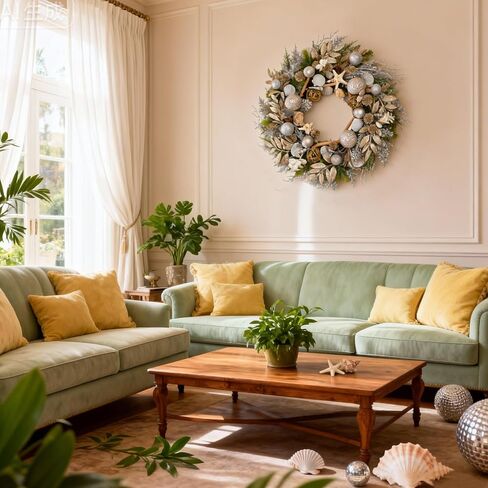 22 Inch Champagne Gold & Silver Seashell Wreath for Front Door, Coastal Summer Wreath with Natural Starfish, Abalone and Sand Dollars, Under The Sea Theme for Indoor Outdoor Decor in Saudi Arabia